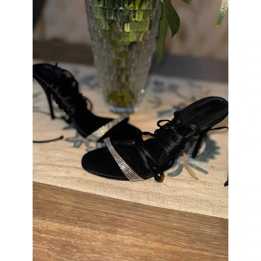 Magda Butrym Black Satin Crystal Embellished Lace Up Stiletto‎  Heels 39 NWOB - Picture 8 of 13